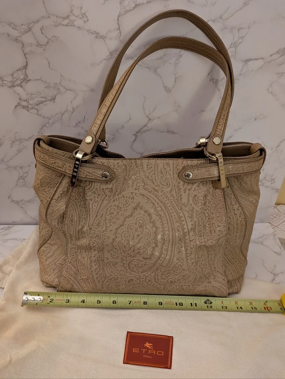Etro Taupe Paisley-Embossed Leather Shoulder Bag With Dust Bag